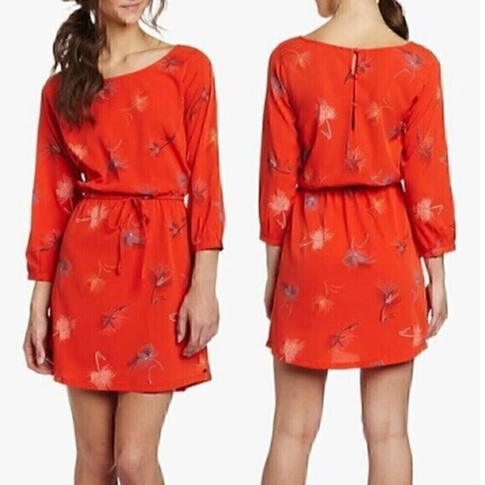 O'NEILL PACSUN Jules Shift Dress Red ish Floral 3/4 Sleeve Tie Waist Button Back